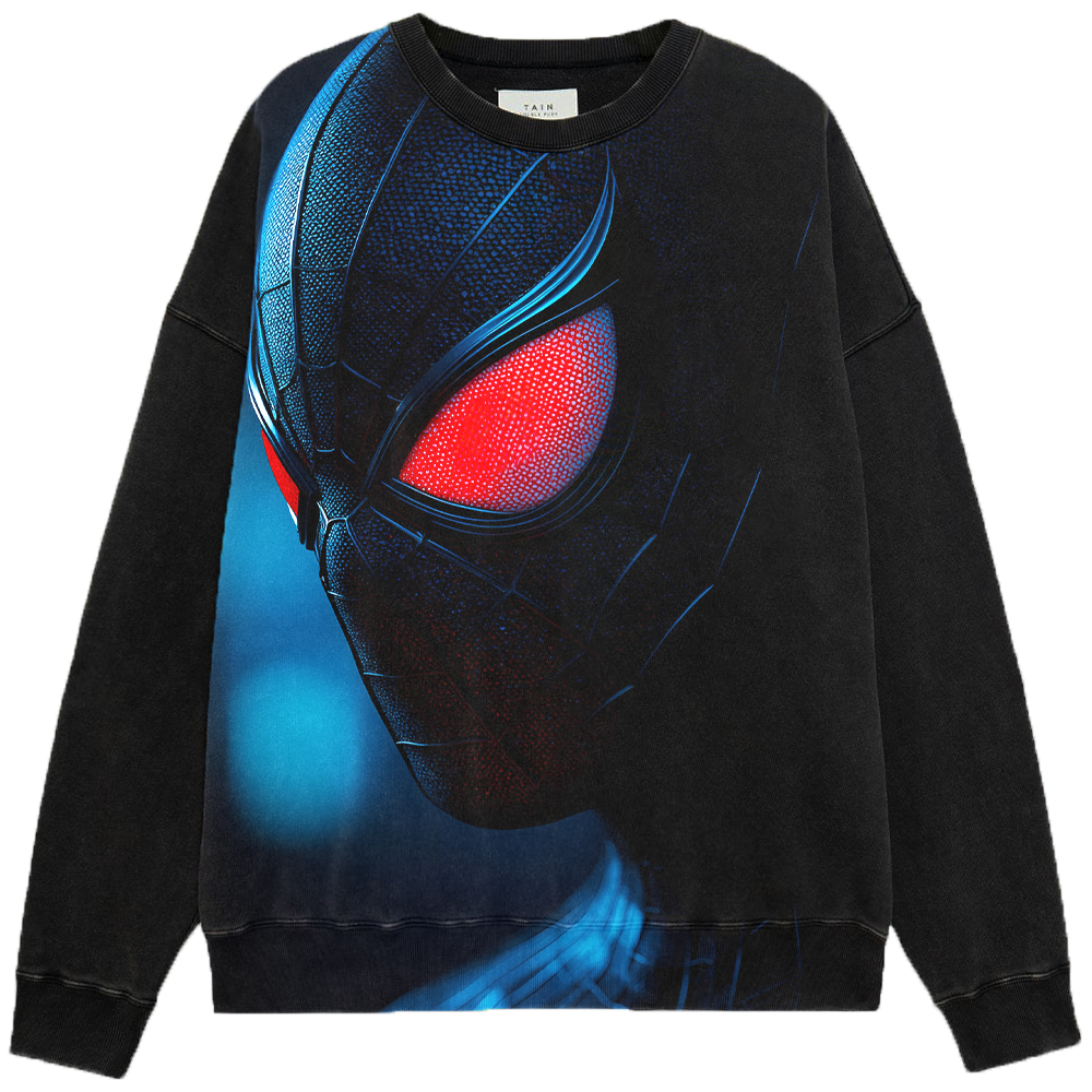 Marvel Spider-Man Miles Morales Black Suit Red-Eye Close-Up Blue Tone Background Print