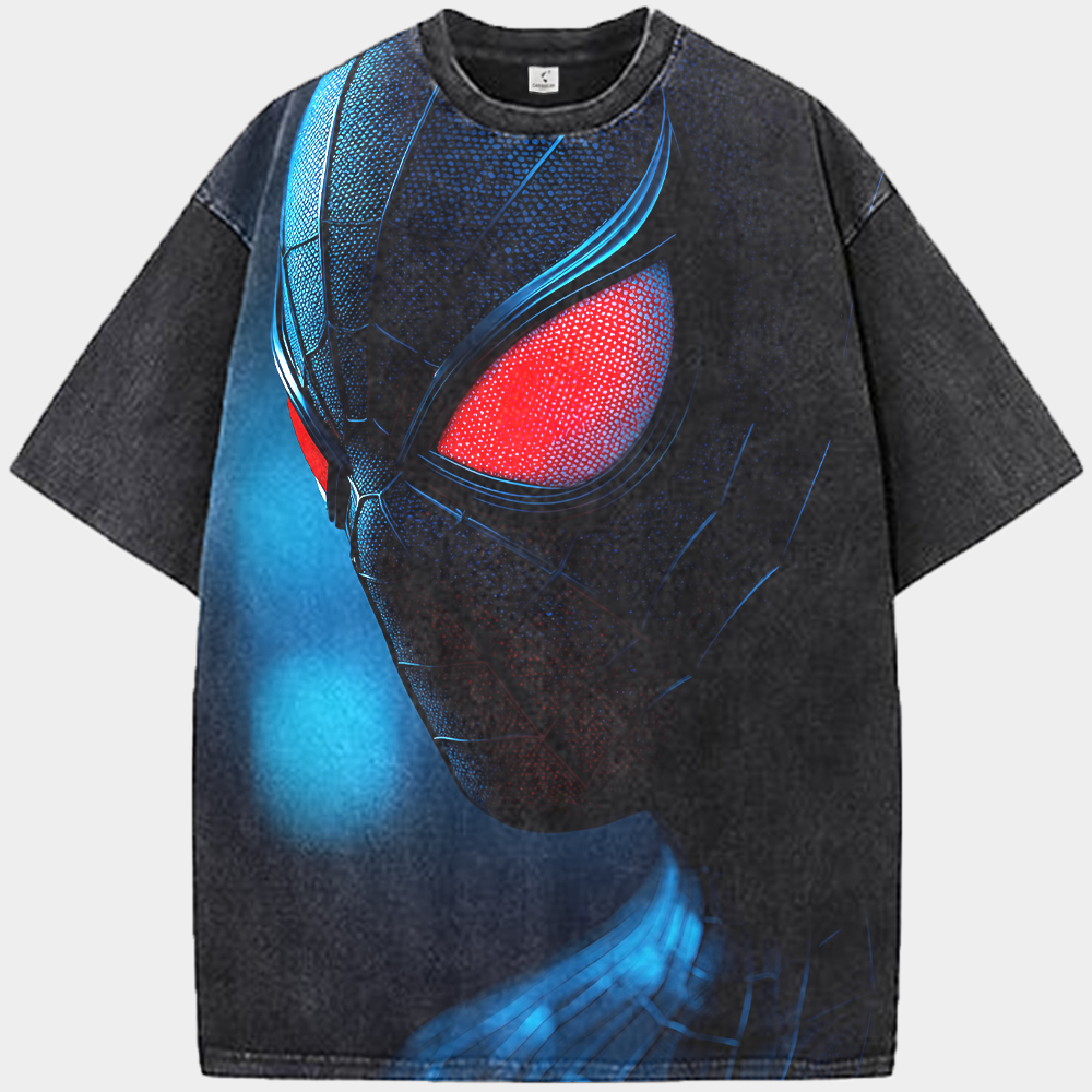 Marvel Spider-Man Miles Morales Black Suit Red-Eye Close-Up Blue Tone Background Print