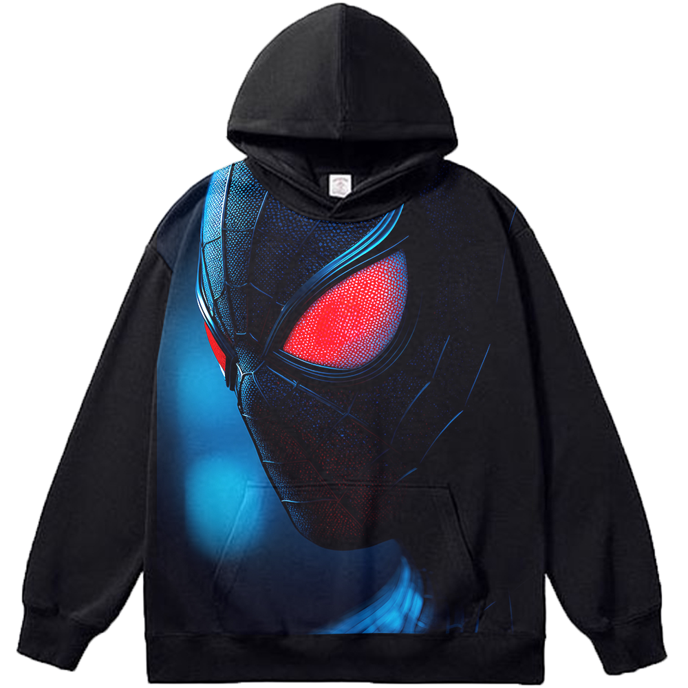 Marvel Spider-Man Miles Morales Black Suit Red-Eye Close-Up Blue Tone Background Print