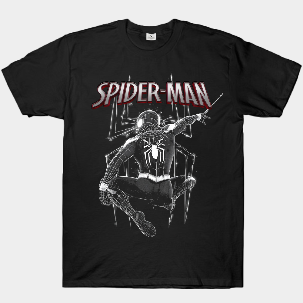 Marvel Spider-Man Symbiote Suit Black & White Line Art Web-Slinging Geometric Spider Logo Print