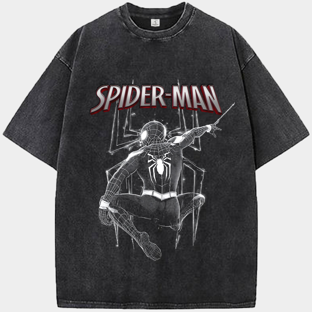 Marvel Spider-Man Symbiote Suit Black & White Line Art Web-Slinging Geometric Spider Logo Print