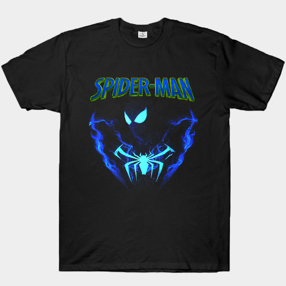 Marvel Spider-Man Symbiote Suit Blue Flame Effect Bust Dual Spider Logo Print