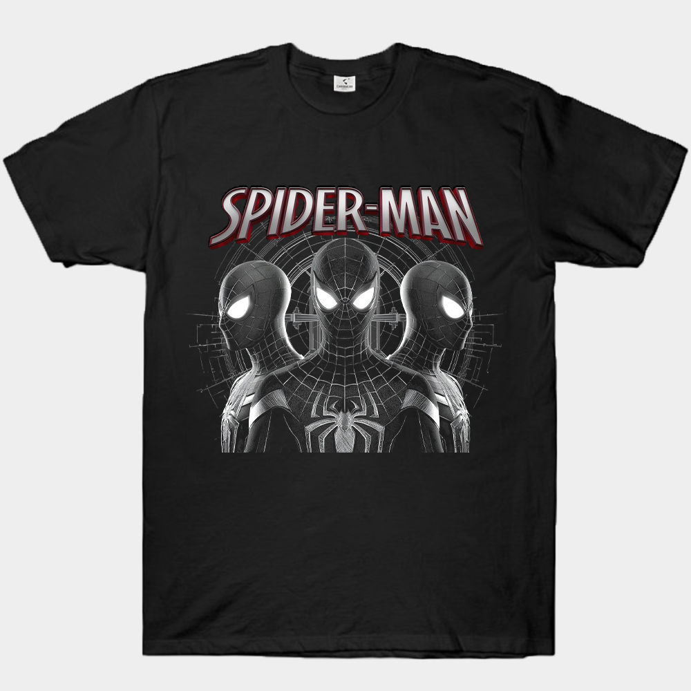 Marvel Spider-Man Triple Spider-Man Black & White High Contrast Group Portrait Web Background Print