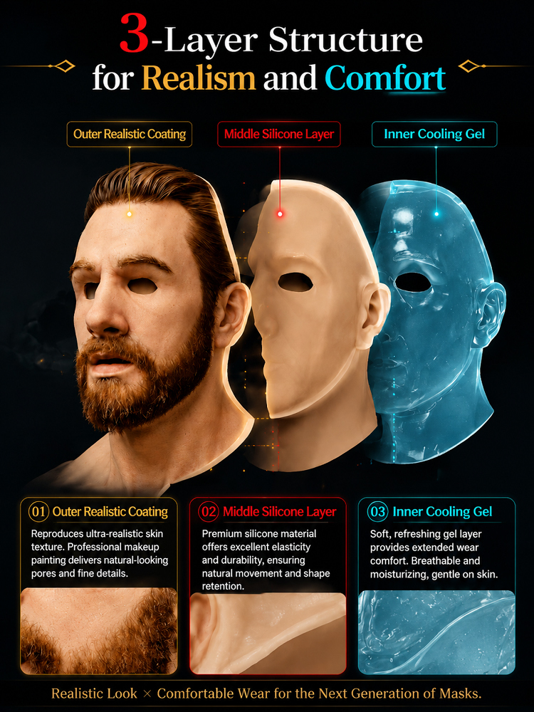 🎭 Movie-Grade 1:1 Realistic Silicone Mask (Medical-Grade, 25°C Cooling Gel & Hand-Planted Hair)