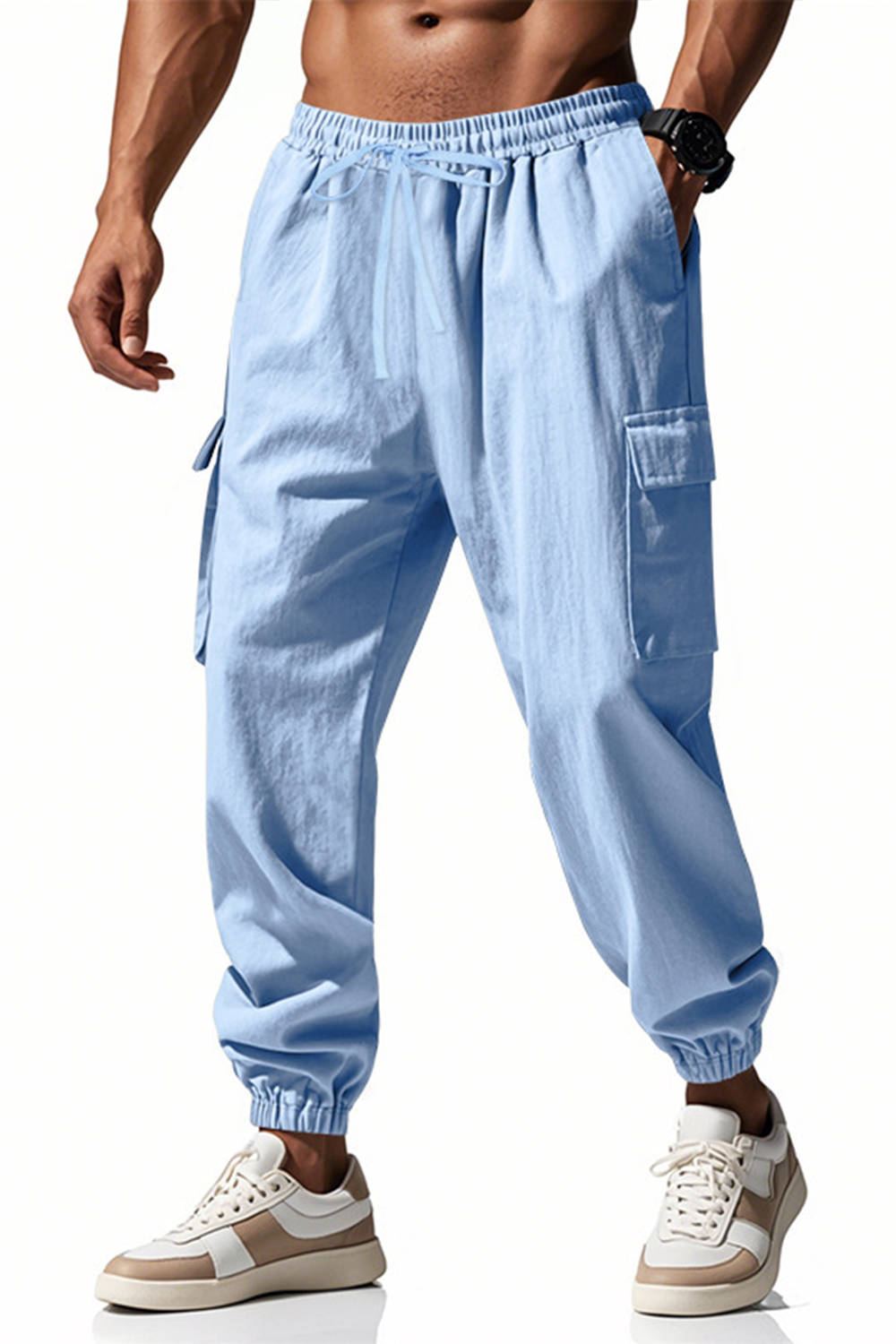 Cotton and linen casual cuffs with multiple pockets work trousers