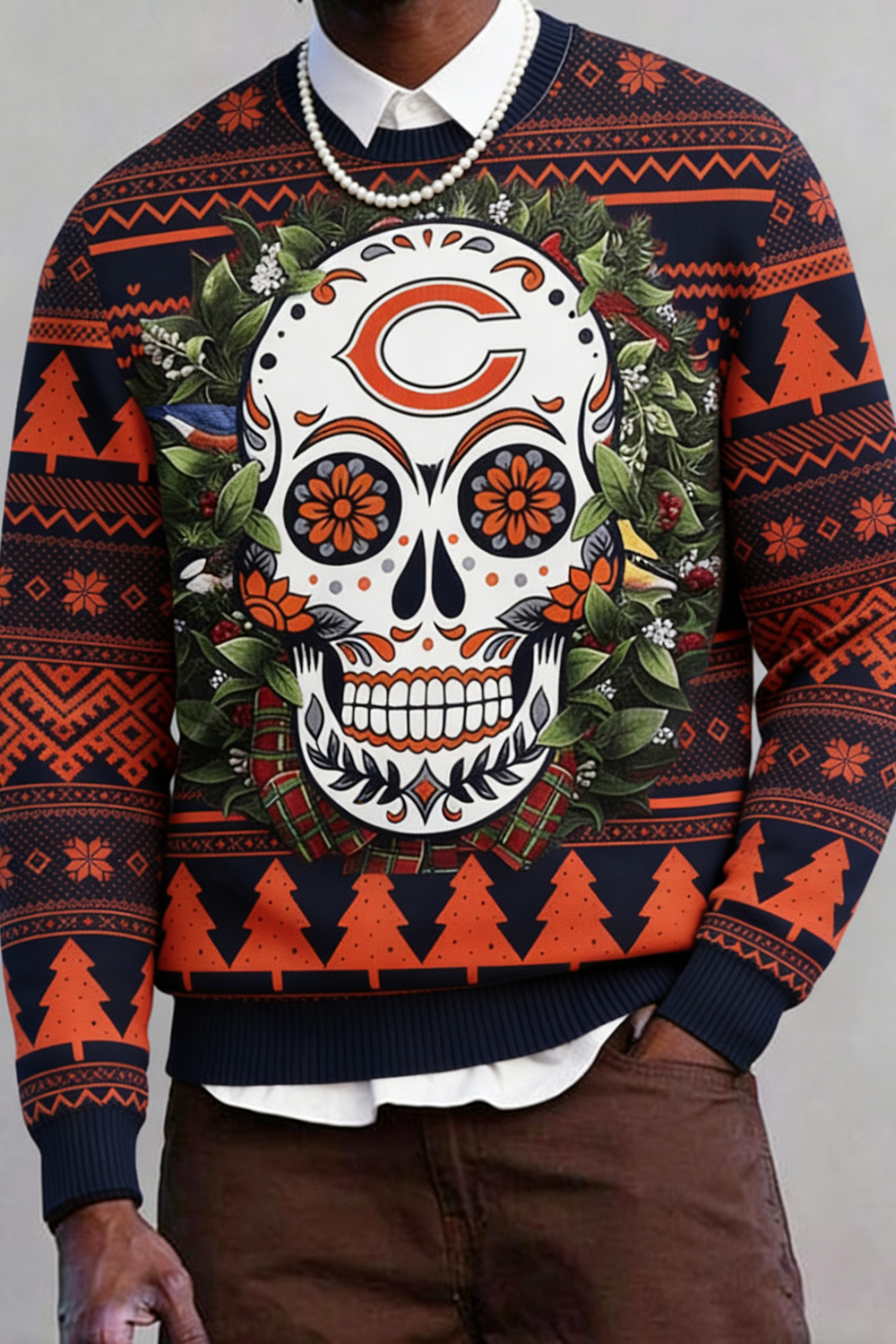 Ugly Christmas Sweater Chicago-Bears, Skull Flower