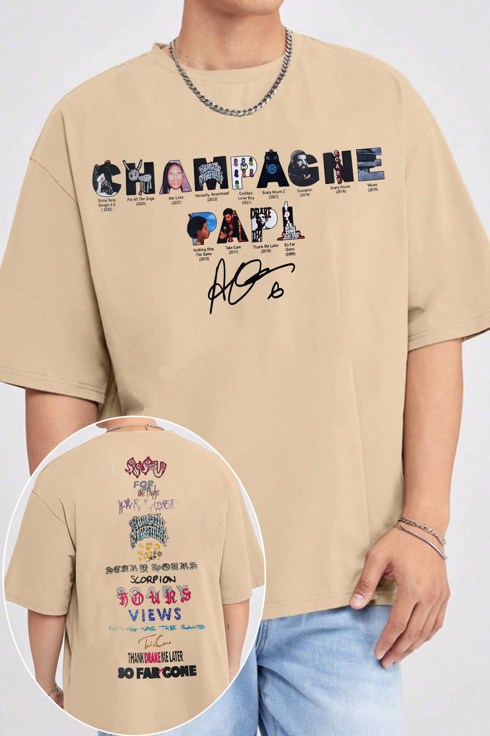 Drake Champagne Papi Album Both Side Tee For Men