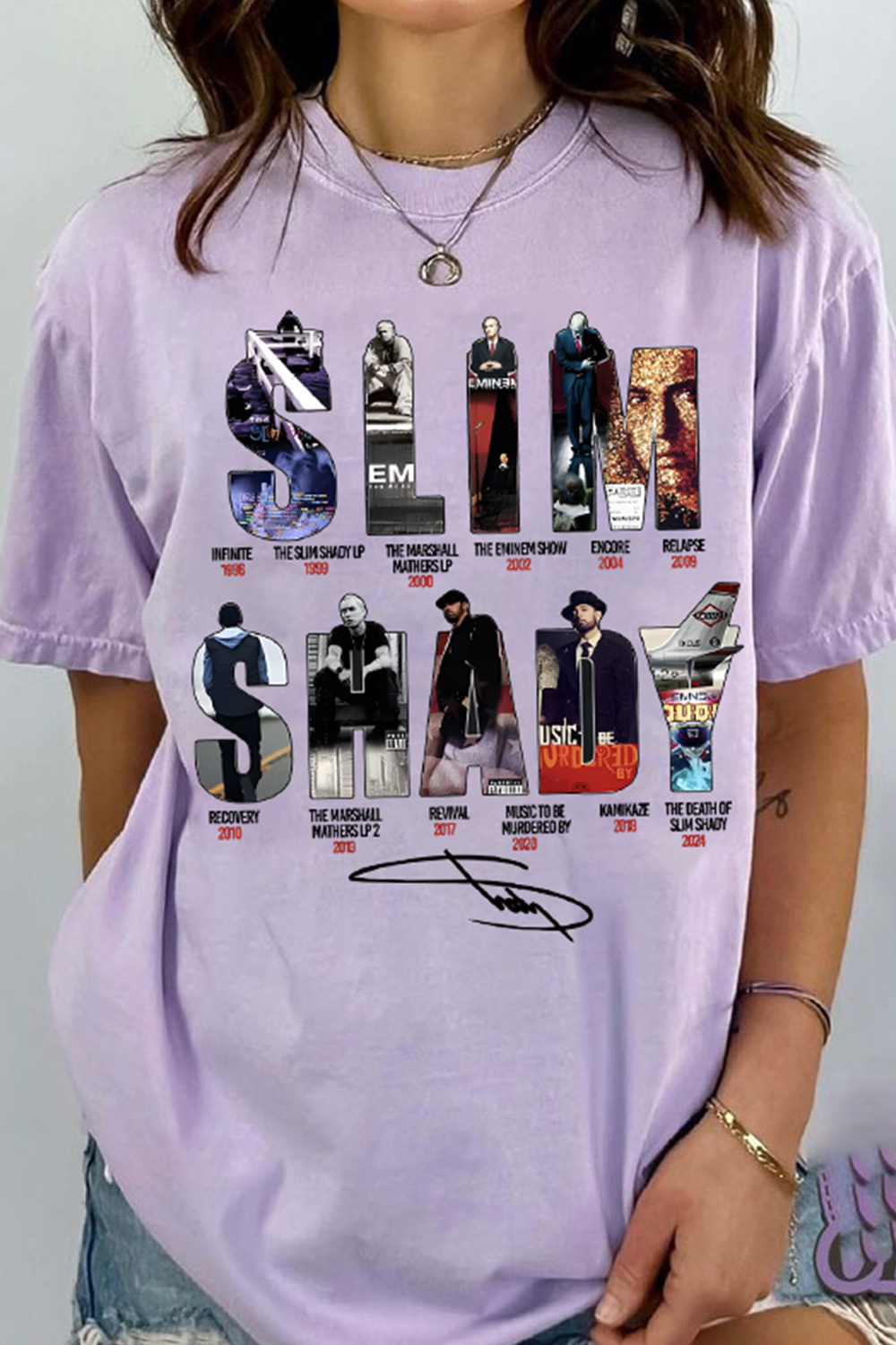 EMINEM Contrast Color Star Letter Support Casual Print Round Neck Short Sleeve T-Shirt