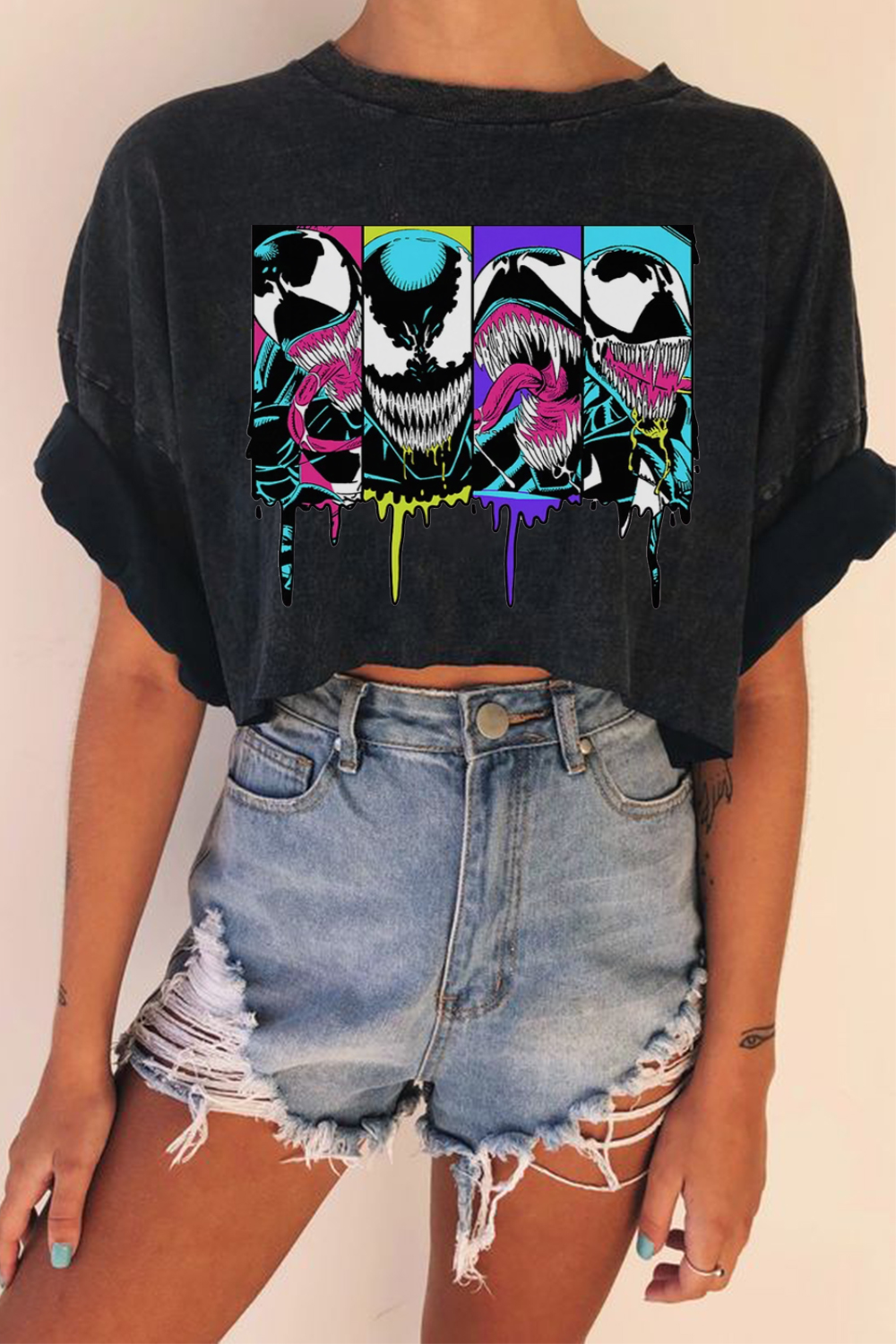 Venom Colorblock Print Short Washed Ladies Short-Sleeved T-Shirt