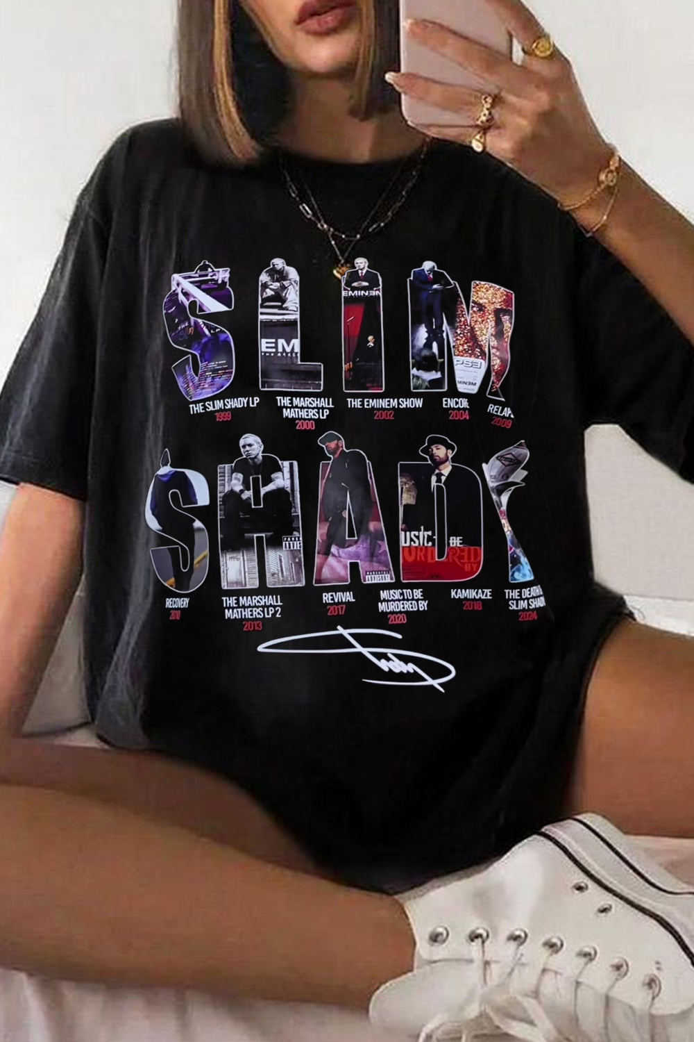 EMINEM Contrast Color Star Letter Support Casual Print Round Neck Short Sleeve T-Shirt