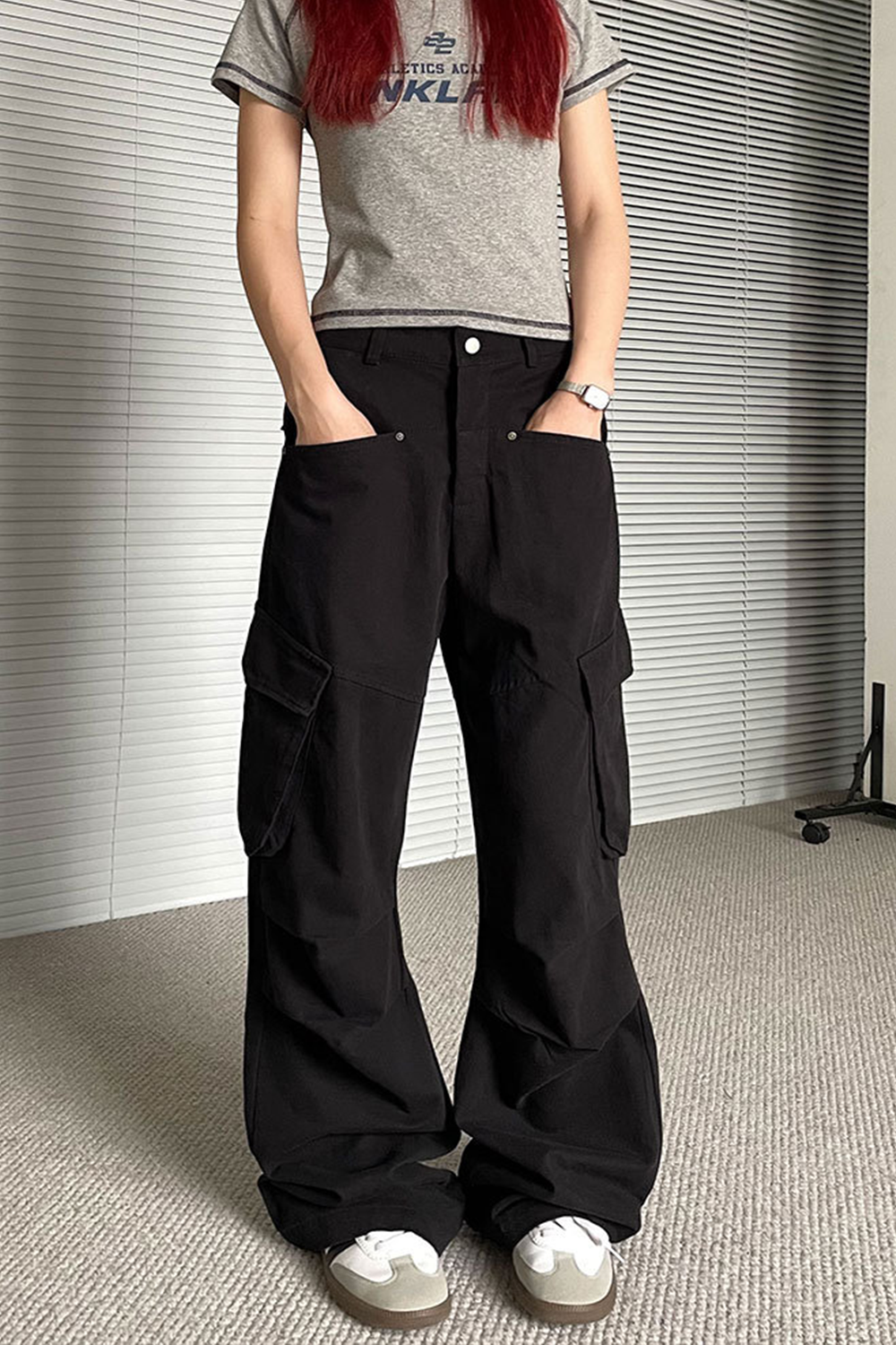 Multi-pocket casual loose pleated straight-leg versatile overalls