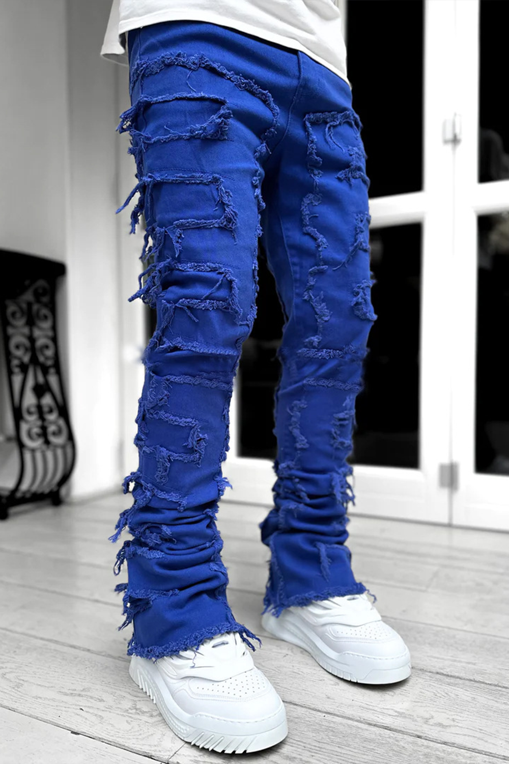 Stretch patch denim straight pants