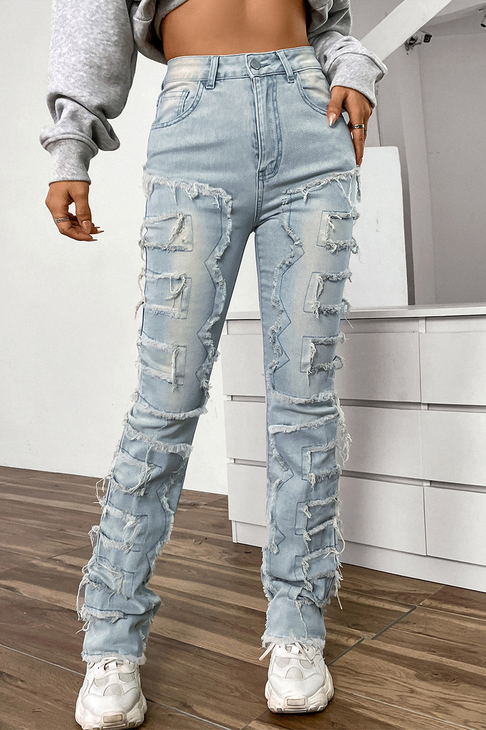 Women's stretch patch denim layered straight jeans