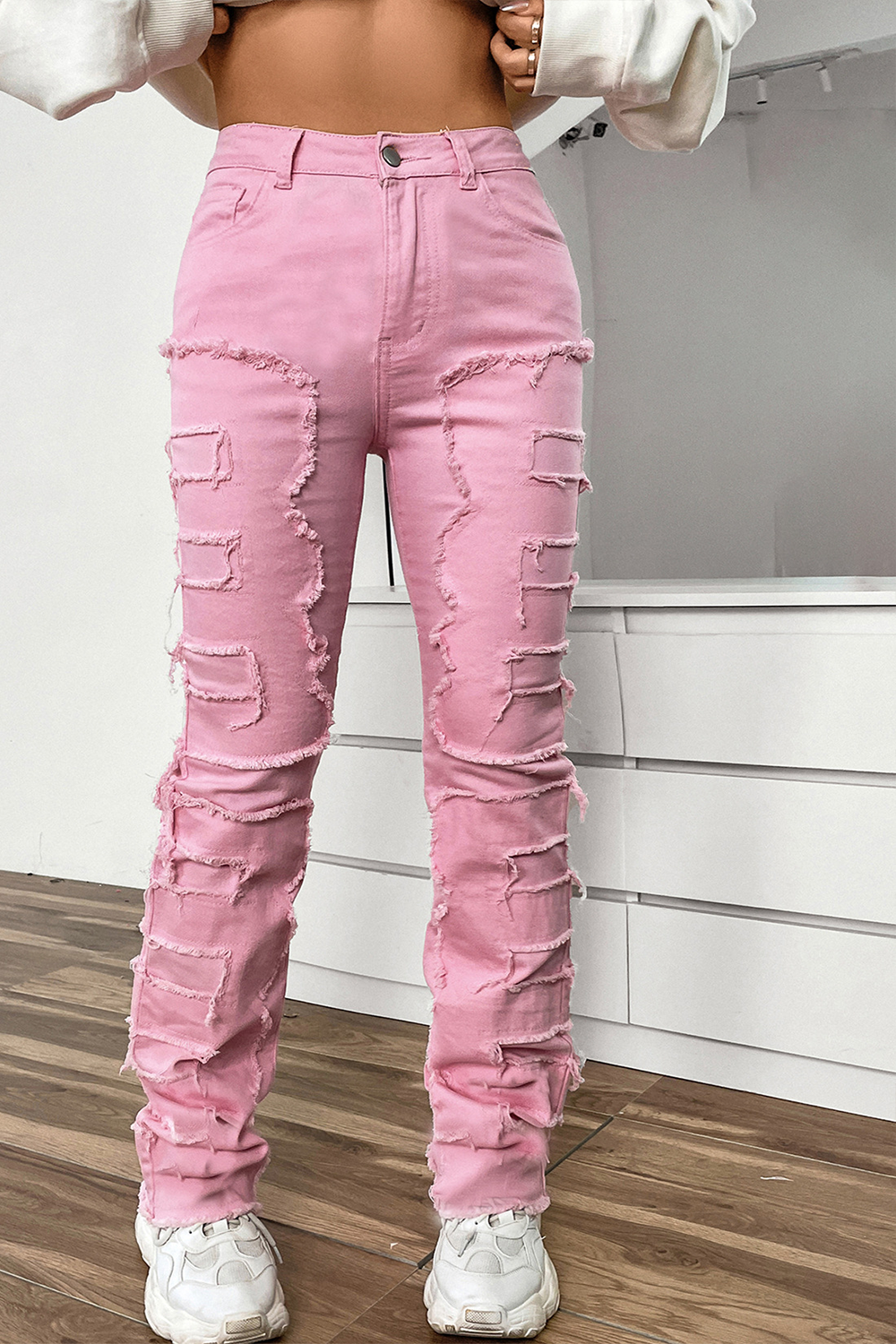 Women's stretch patch denim layered straight jeans