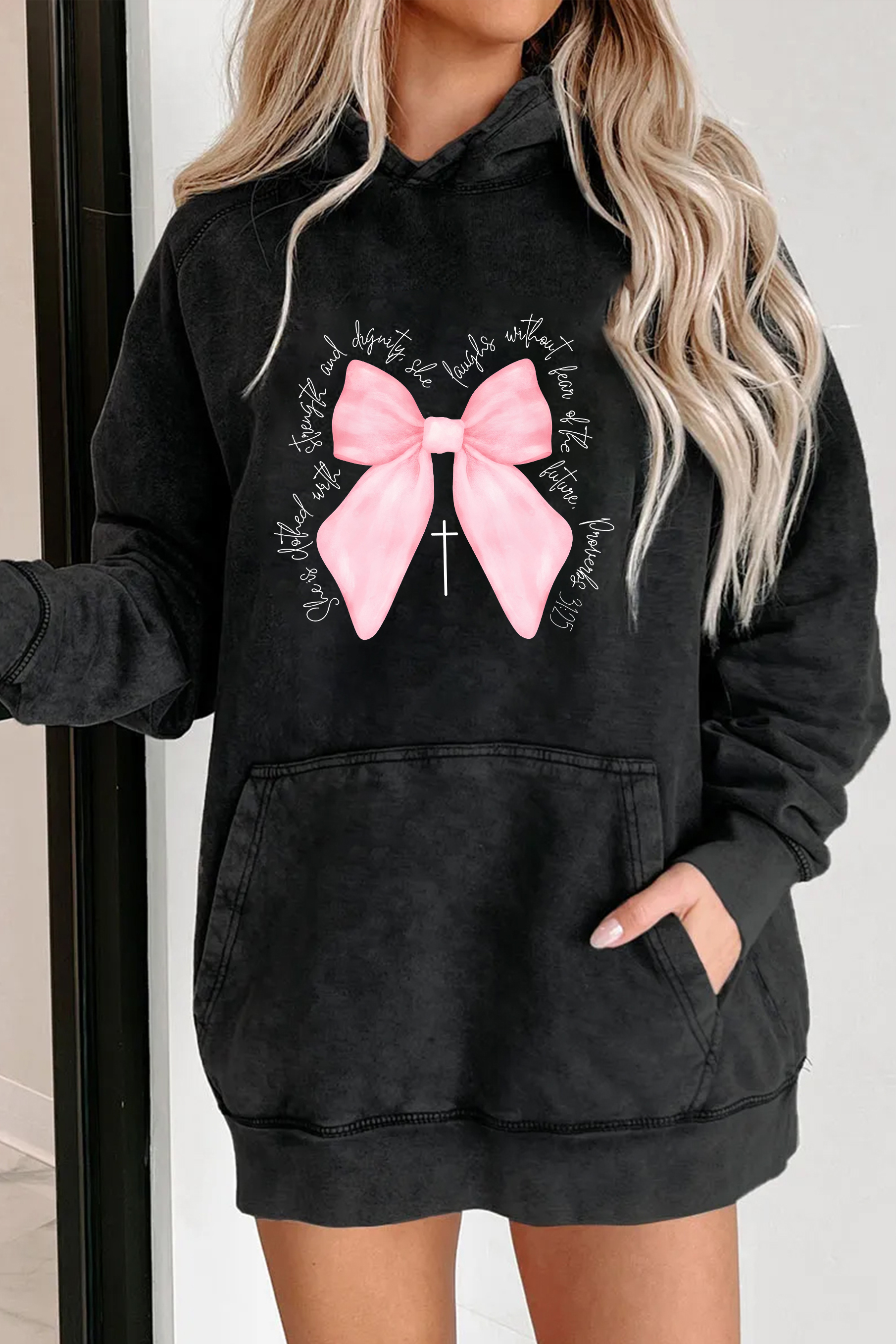 Bible Verse Pink Bow Hoodie For Women