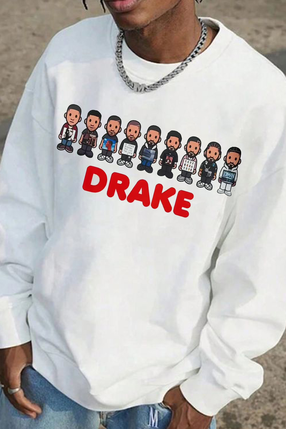 Chibi versions of Drake represent each legendary shirt