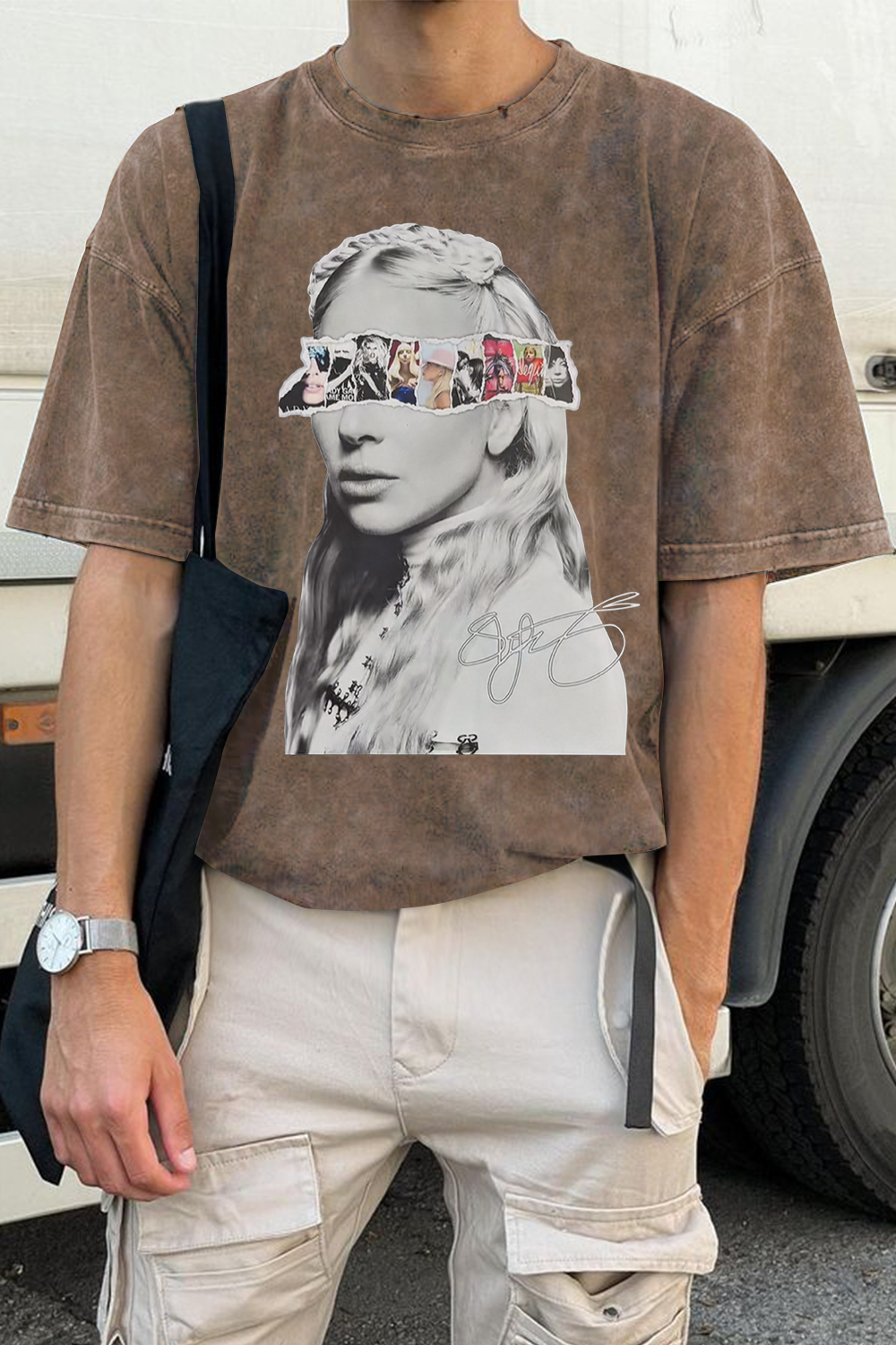 ladygaga Albums washed cotton printed short-sleeved T-shirt