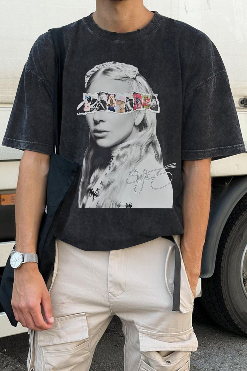 ladygaga Albums washed cotton printed short-sleeved T-shirt