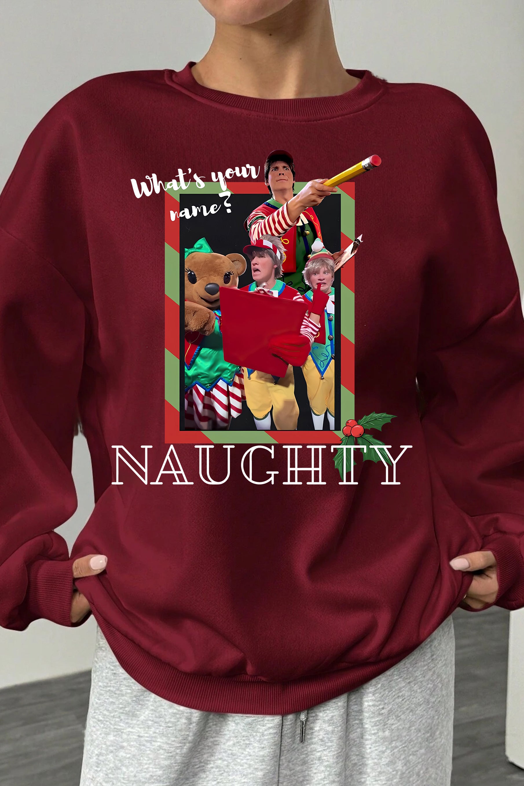 Tally The Elf Santa What��s Your Name Naughty Fleece Sweatshirt For Women
