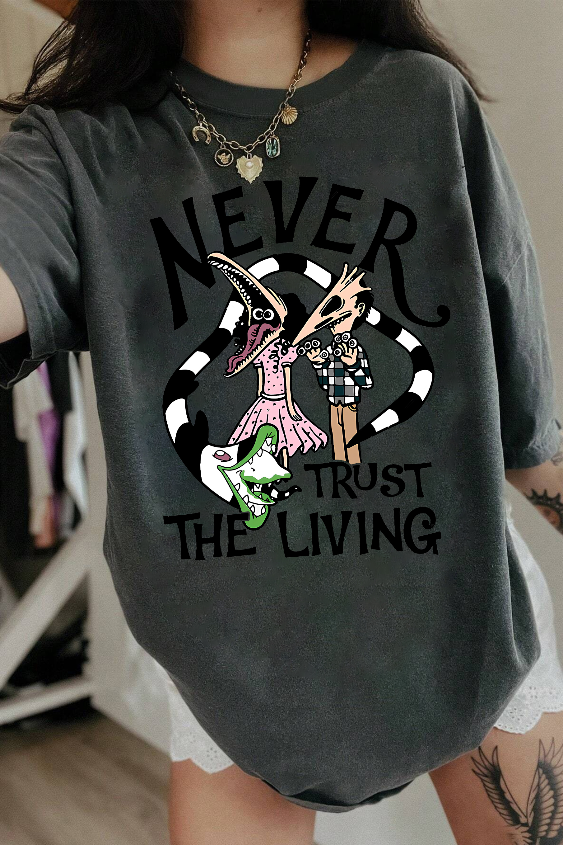 Beetlejuice Never Trust The Living Halloween  Movie  Tee For Women