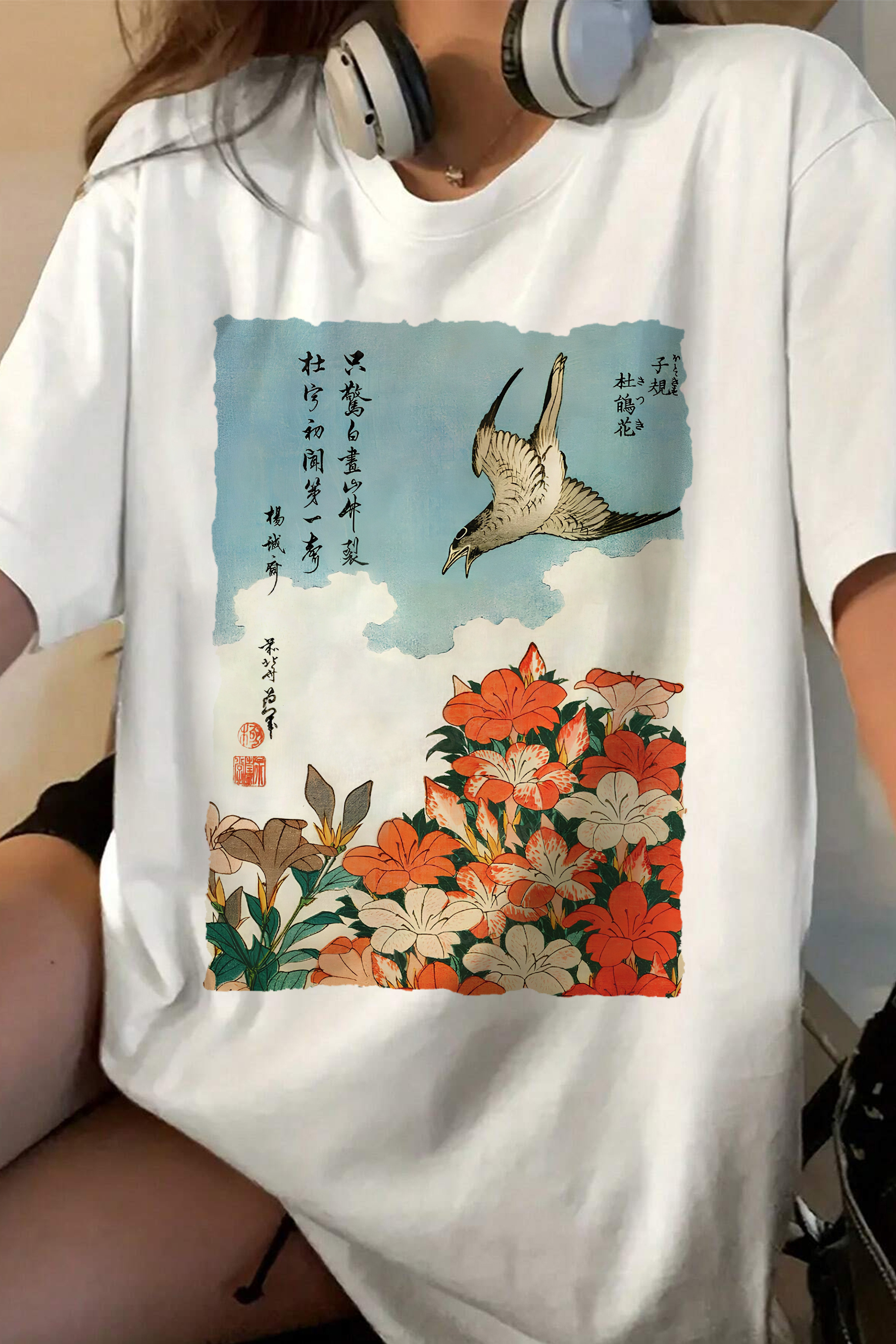Katsushika Hokusai Cuckoo & Azaleas Painting Tee For Women