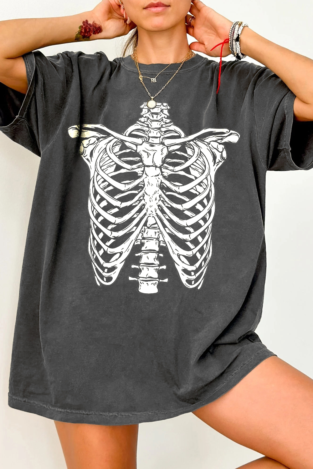 Skeleton Rib Vintage Graphic  Tee For Women