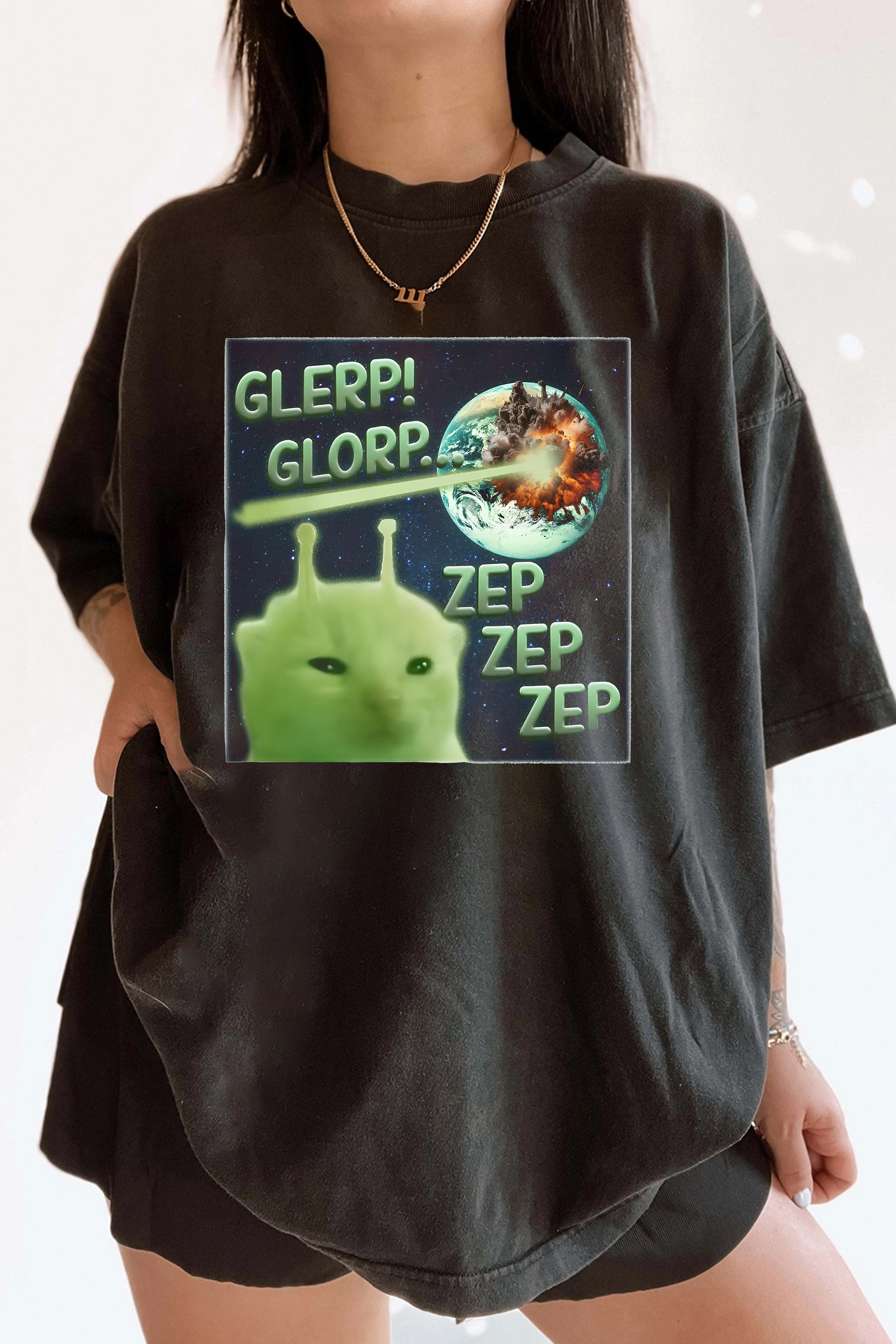 Glerp Glorp Funny Alien Cat Cat Meme  Tee  For Women