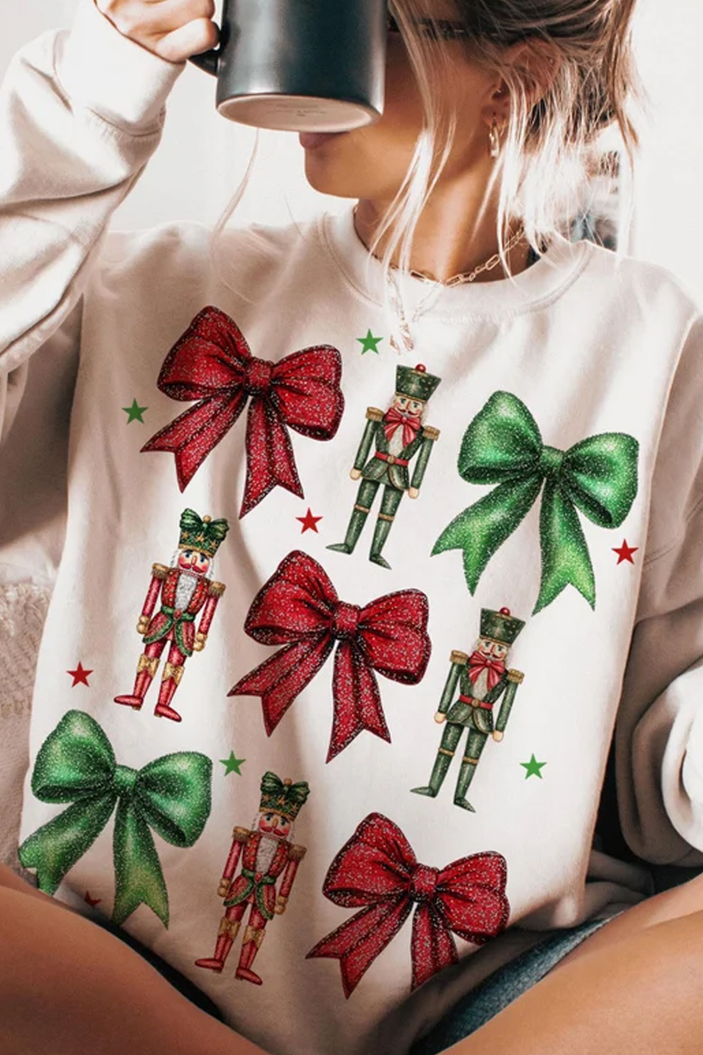 Christmas Bow Printed Casual Round Neck Women's Long Sleeve Sweater
