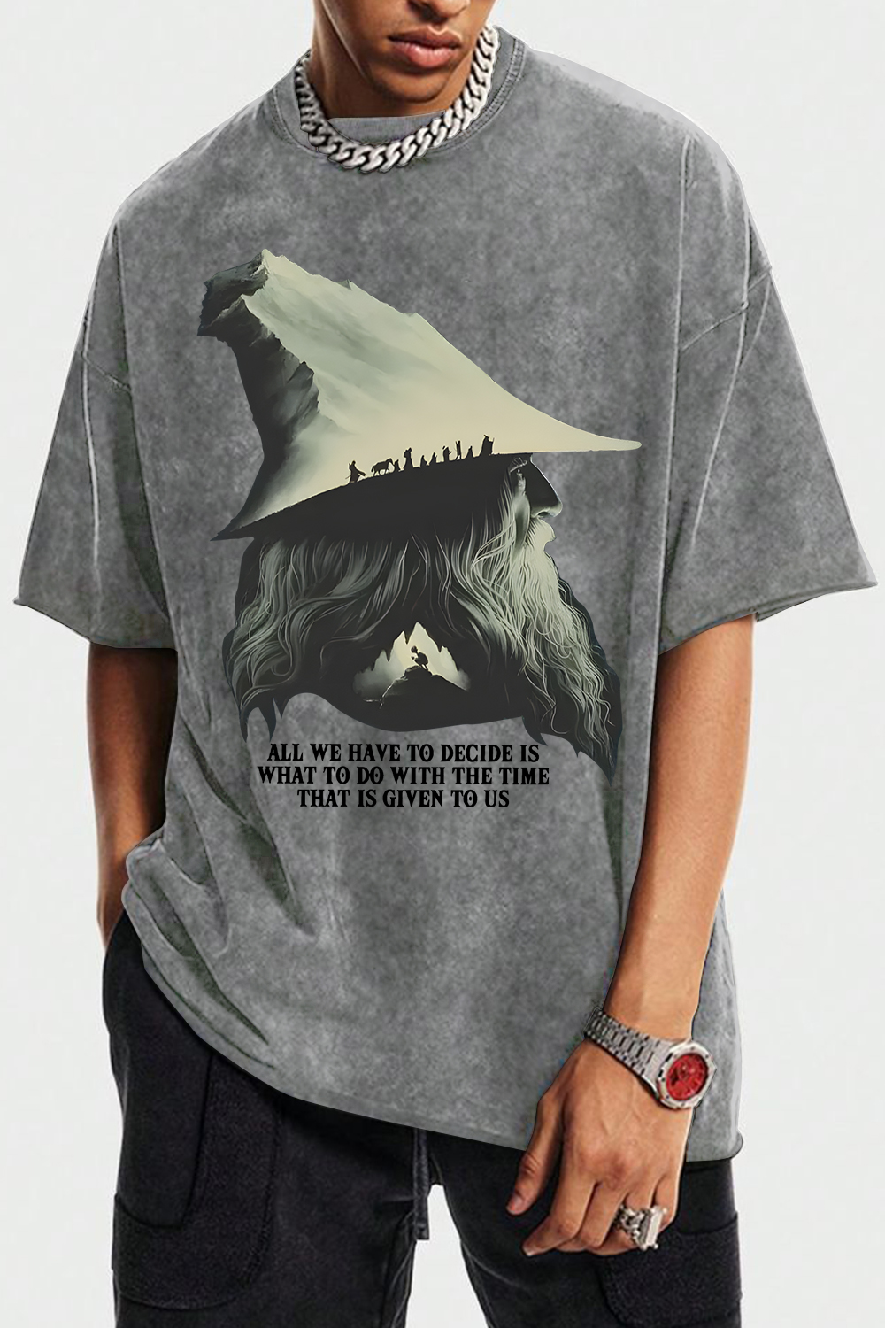 Washed cotton LOTR Gandalf Quote All We Have To Decide Front Vintage Shirt Tee - Men