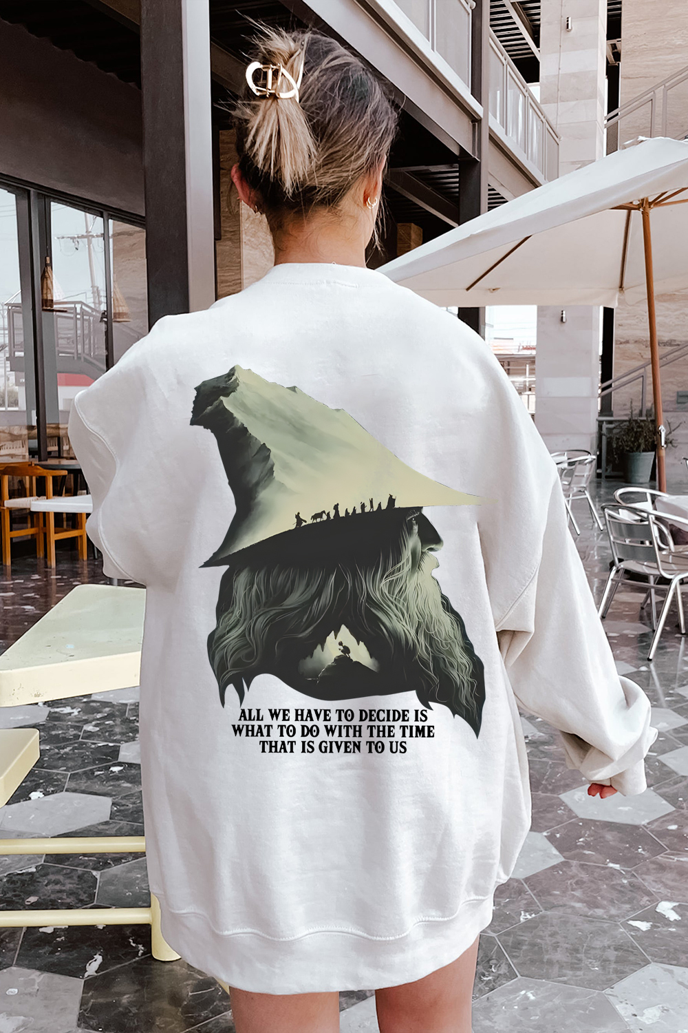 LOTR Gandalf Quote All We Have To Decide Front Vintage Sweatshirt -Women Back Printing