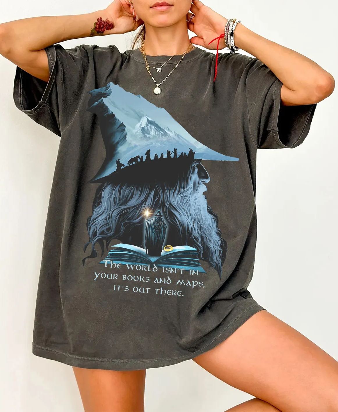 LOTR Gandalf The World Isn’t In Your Books and Maps Middle Earth 1 Side Vintage Shirt