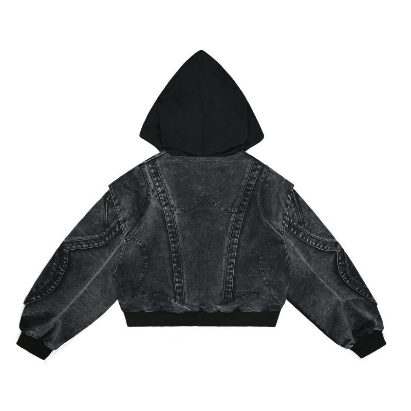 EXACTMTCH Trendy Deconstructed Denim Hooded Jacket - A Must-Have For American Street Cool