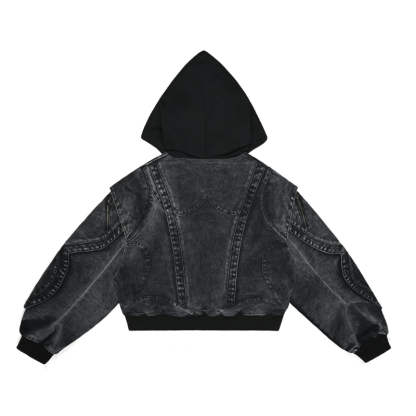 EXACTMTCH Trendy Deconstructed Denim Hooded Jacket - A Must-Have For American Street Cool