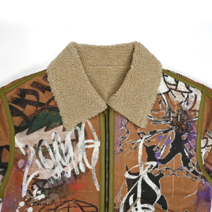 EXACTMTCH Graffiti Art Domba Wol Kerah Jaket - Item Tren Amerika yang Inovatif