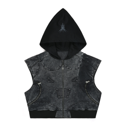 EXACTMTCH Trendy Deconstructed Denim Hooded Jacket - A Must-Have For American Street Cool