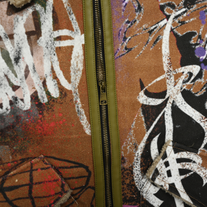 EXACTMTCH Graffiti Art Domba Wol Kerah Jaket - Item Tren Amerika yang Inovatif