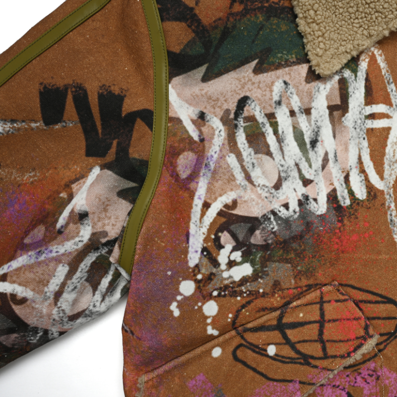 EXACTMTCH Graffiti Art Domba Wol Kerah Jaket - Item Tren Amerika yang Inovatif