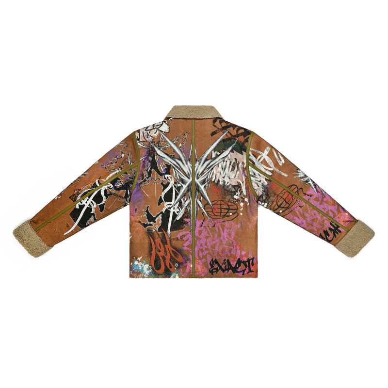 EXACTMTCH Graffiti Art Domba Wol Kerah Jaket - Item Tren Amerika yang Inovatif