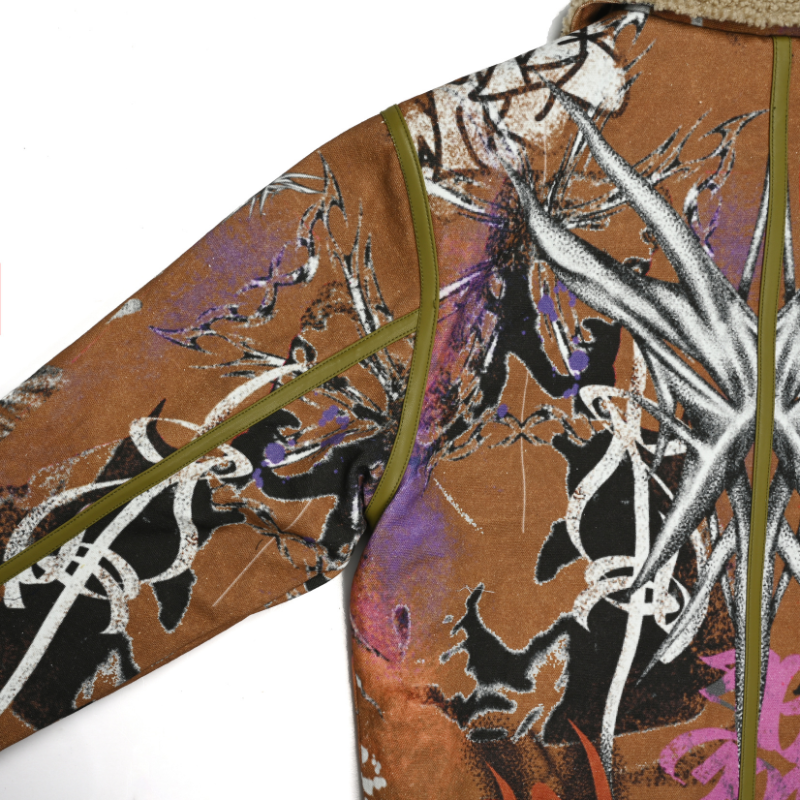 EXACTMTCH Graffiti Art Domba Wol Kerah Jaket - Item Tren Amerika yang Inovatif