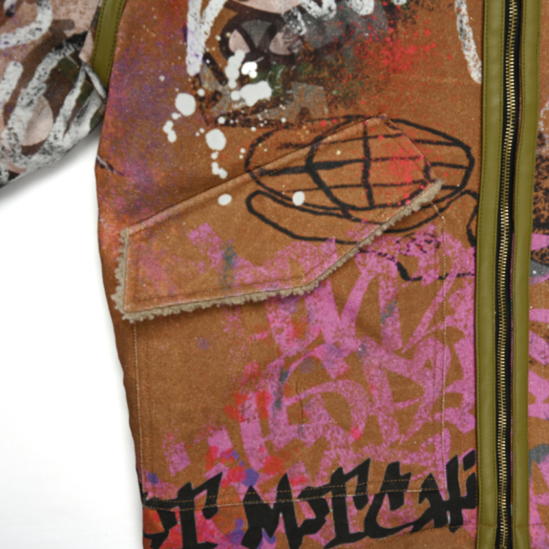 EXACTMTCH Graffiti Art Domba Wol Kerah Jaket - Item Tren Amerika yang Inovatif