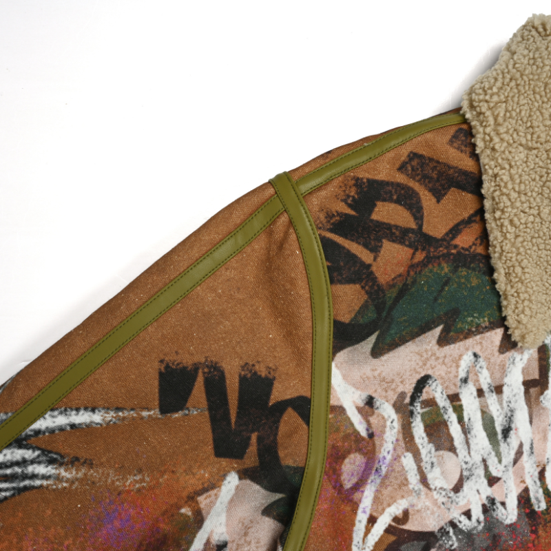 EXACTMTCH Graffiti Art Domba Wol Kerah Jaket - Item Tren Amerika yang Inovatif