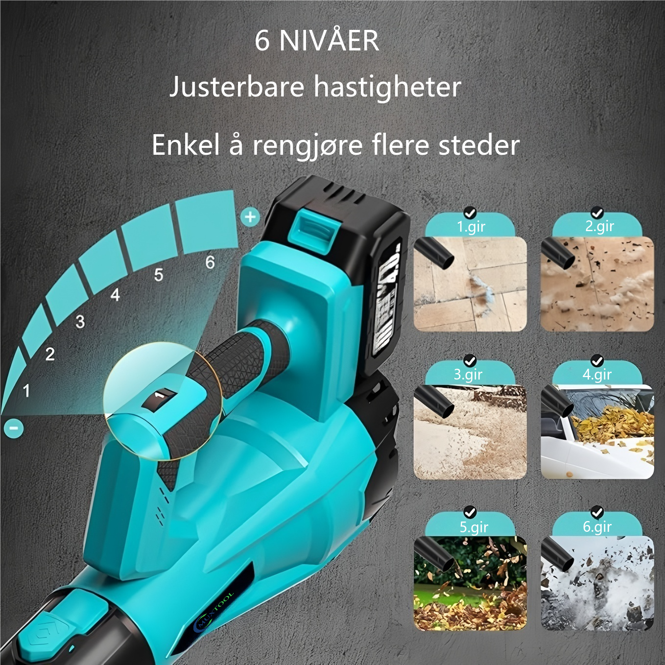 21V trådløs 6-trinns løvblåser: Rask og effektiv renhold av hage og terrasse. Med 2 batterier