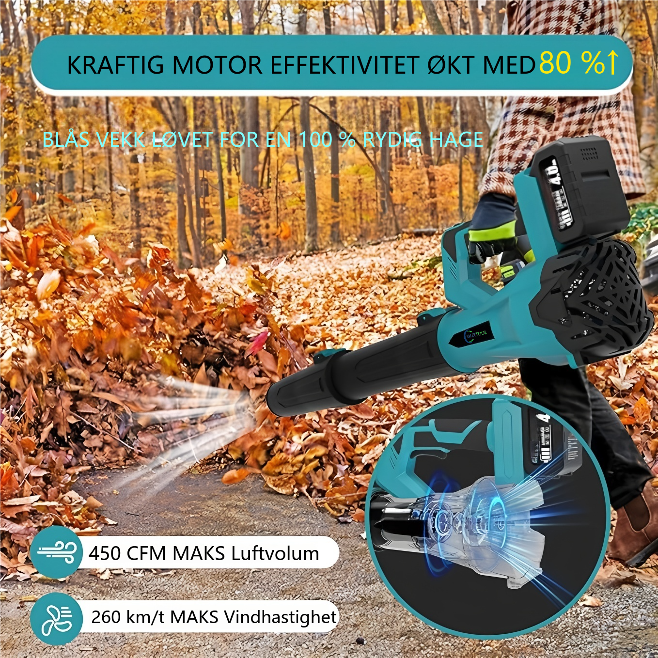 21V trådløs 6-trinns løvblåser: Rask og effektiv renhold av hage og terrasse. Med 2 batterier