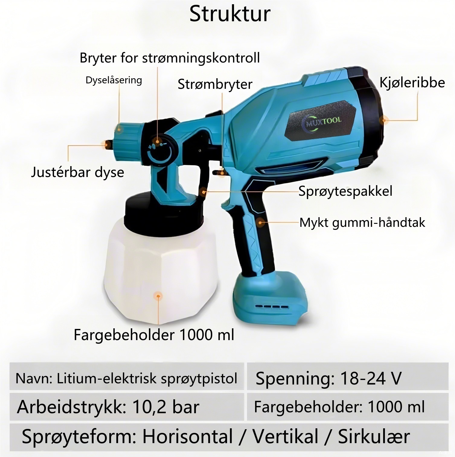 Høytrykks trådløs sprøytepistol med 2 batterier
