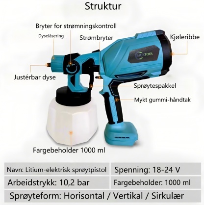 Høytrykks trådløs sprøytepistol med 2 batterier