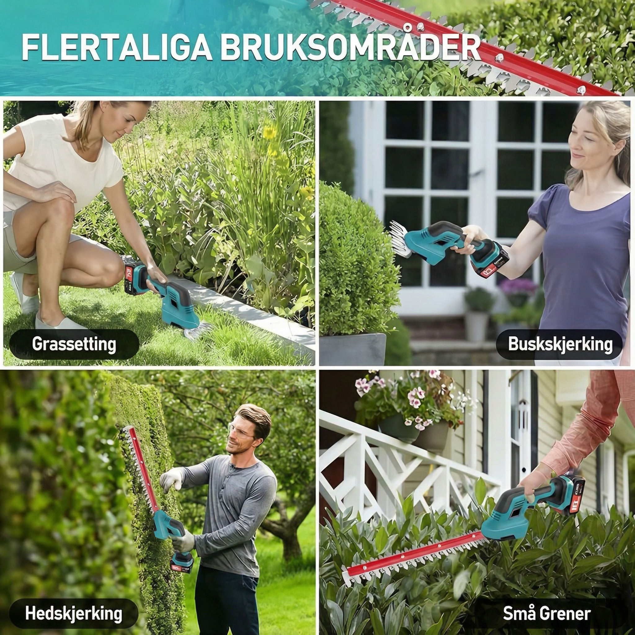 2‑i‑1 trådløs hekk- og gressklipper med to batterier – lett og kompakt design for hage og plen