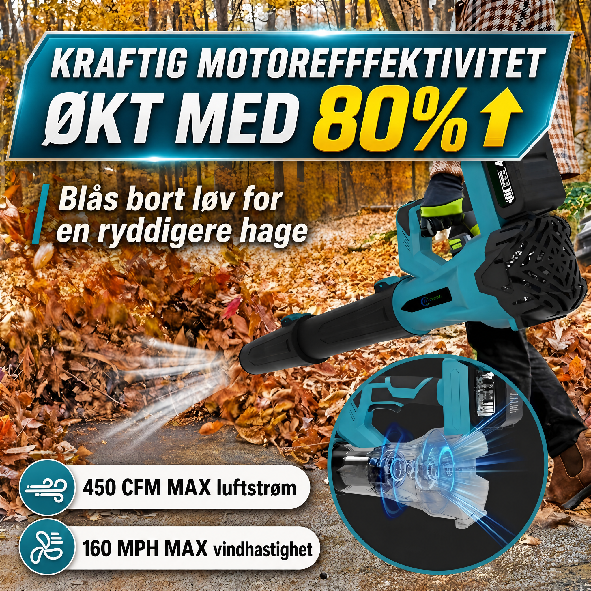 21V trådløs 6-trinns løvblåser: Rask og effektiv renhold av hage og terrasse. Med 2 batterier