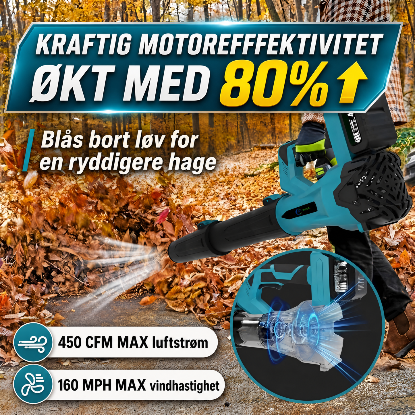 21V trådløs 6-trinns løvblåser: Rask og effektiv renhold av hage og terrasse. Med 2 batterier