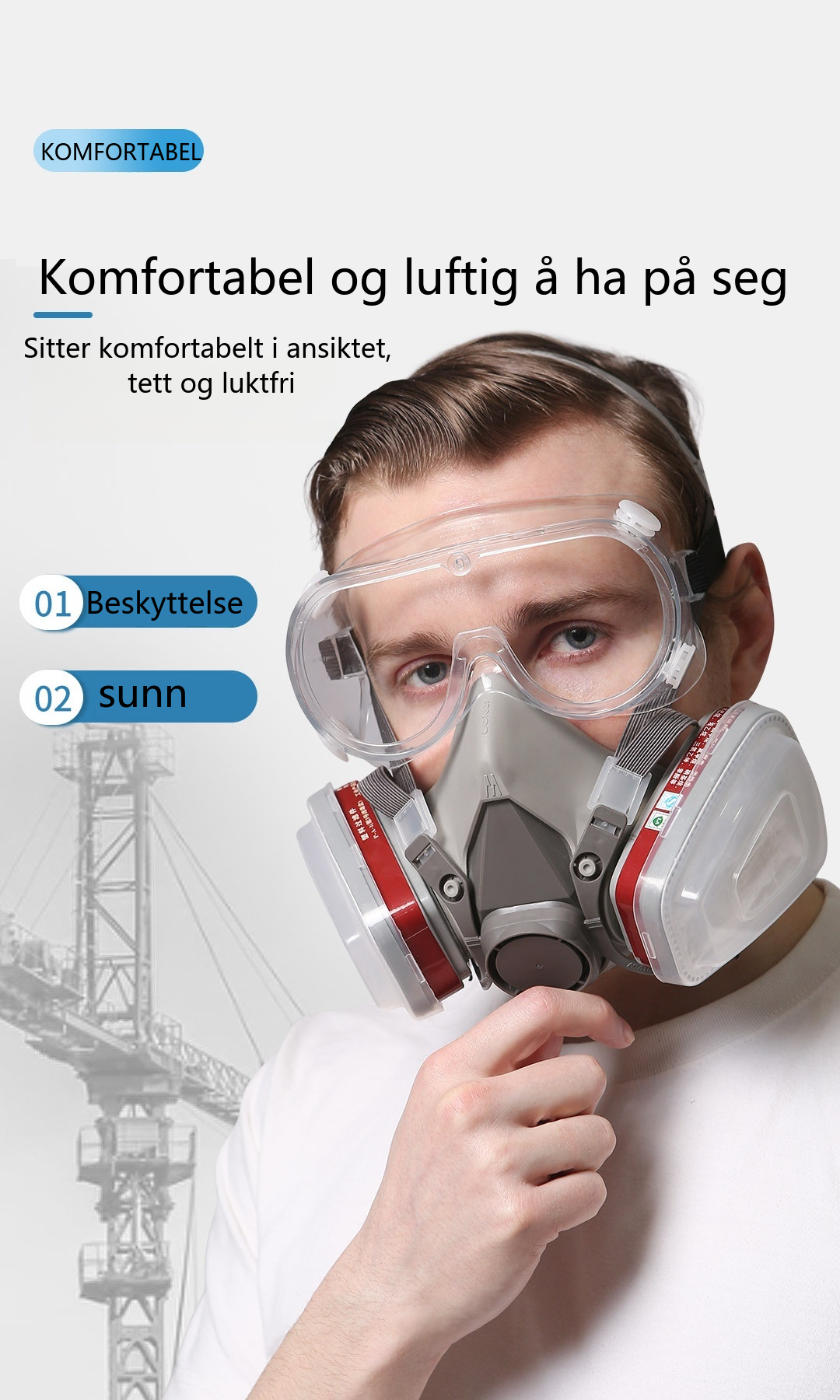 Gjenbrukbar halvmaske med vernebriller - beskyttelse mot røyk, kjemikalier og støv for maling, sveising og trearbeid