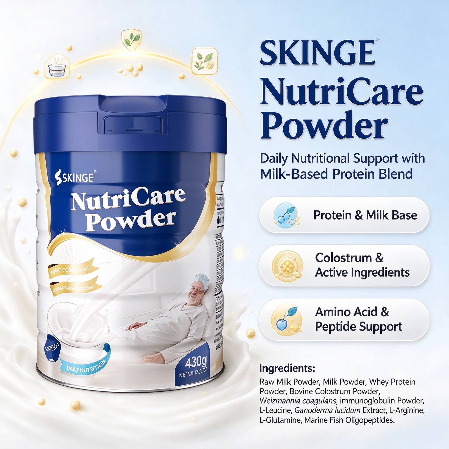 KINGE&NBBAGA NUTRICARE POWDER, Milk-Based Protein Blend Nutritional Powder, With Colostrum, Amino Acid & Peptide, Provides Daily Nutritional Support, 430g